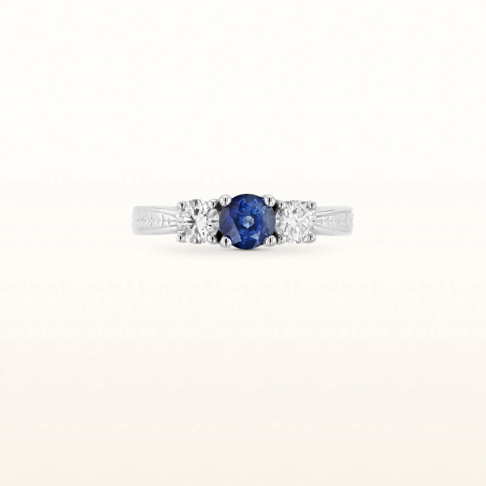 3-Stone Blue Sapphire and Diamond Engraved Ring in 14kt White Gold - Image 6