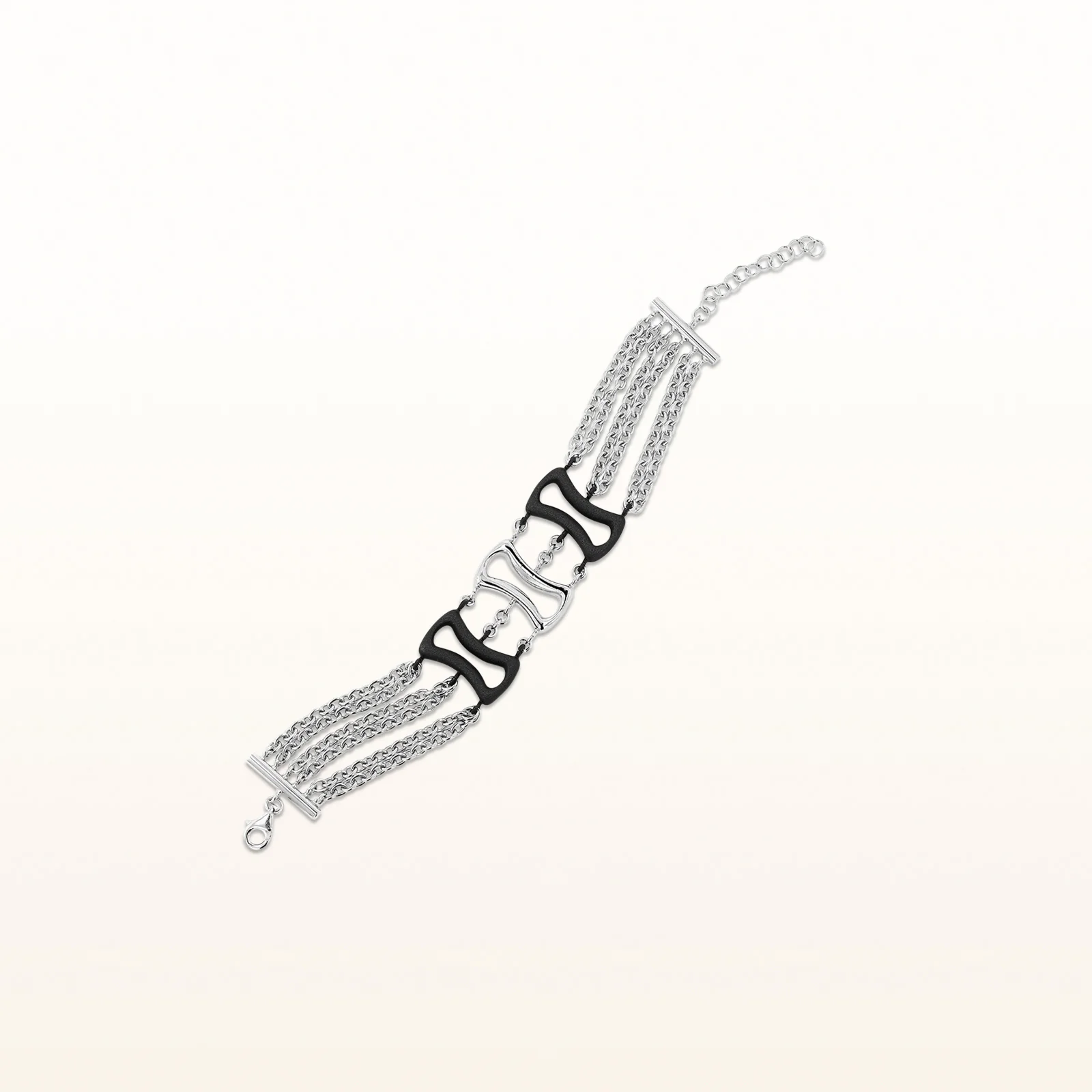925 Sterling Silver and Rubber 3-Row Cable Chain and Link Bracelet - Image 3
