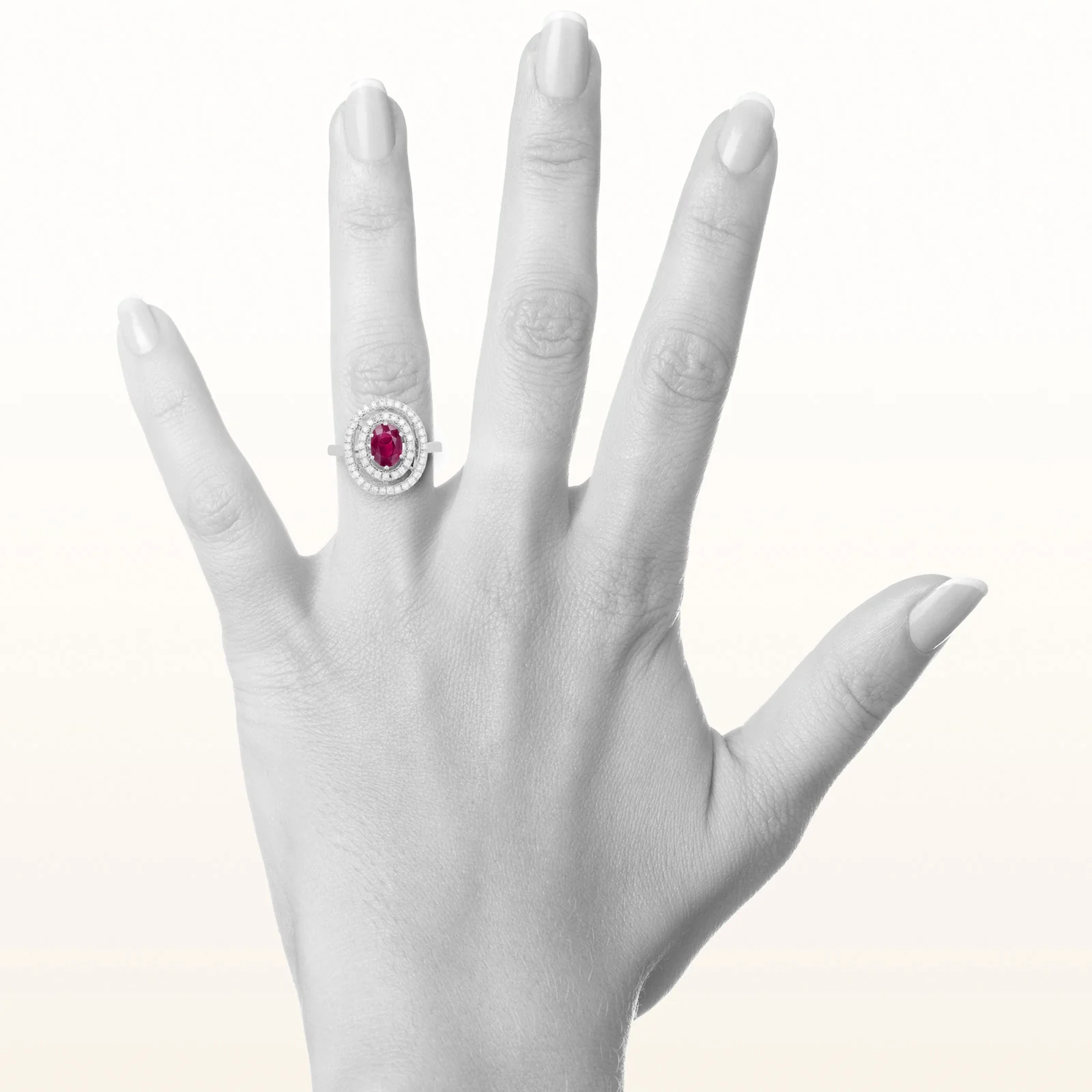Oval Gemstone and Double Diamond Halo Ring in 14kt White Gold - Image 4